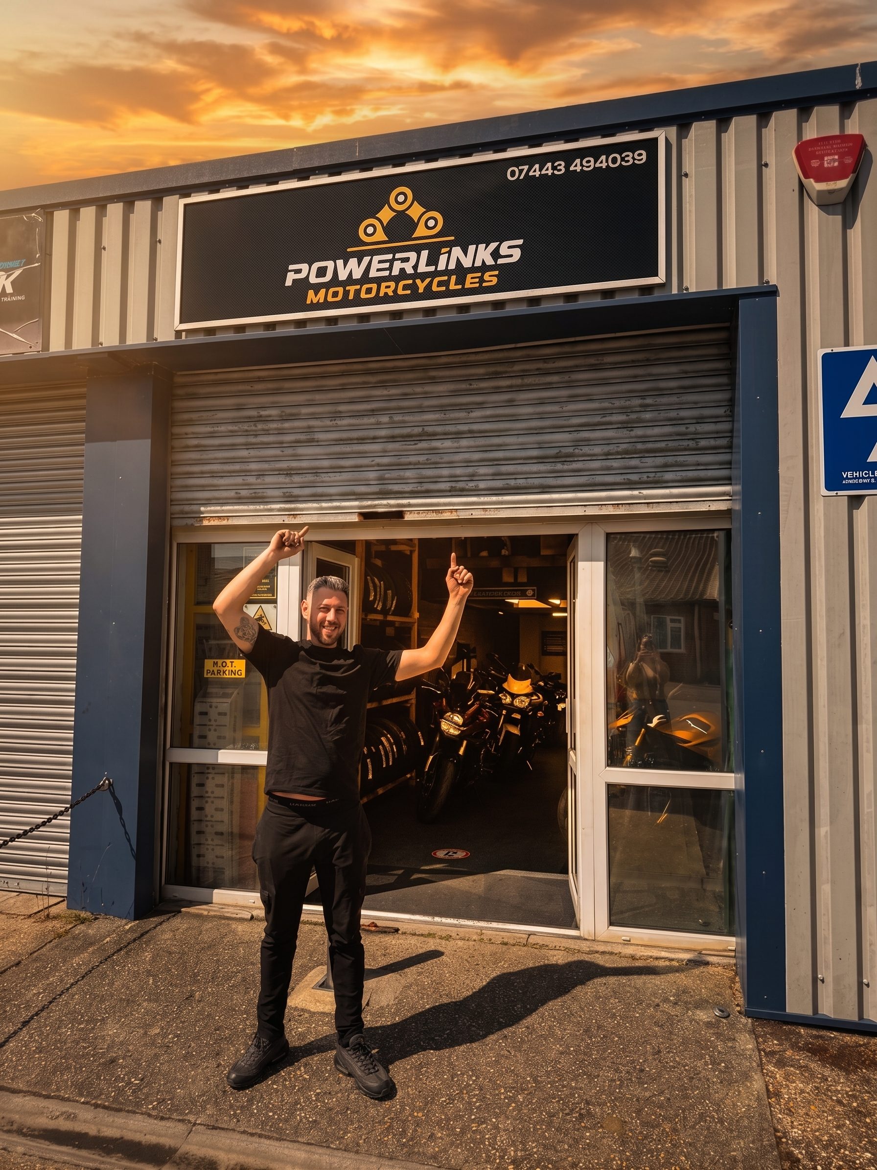 Sam Thompson outside Powerlinks Motorcycles
